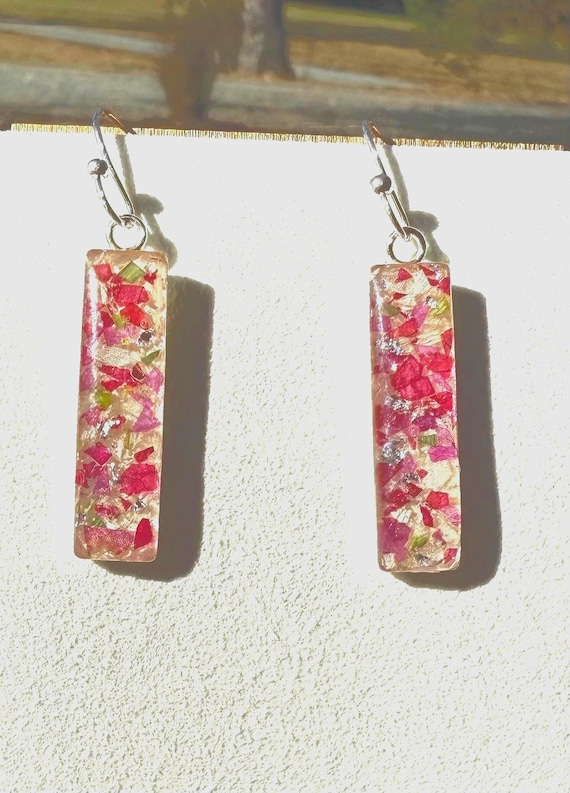 Custom Sterling Silver Rectangle Dangle Floral Earrings