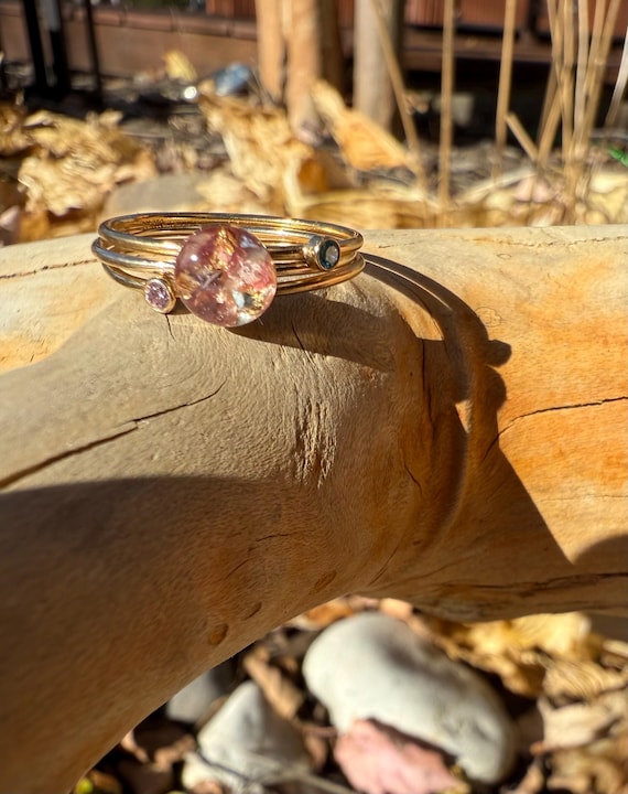 Stackable Birthstone Ring Combo: 14k Yellow Gold-filled Dried Flower jewelry