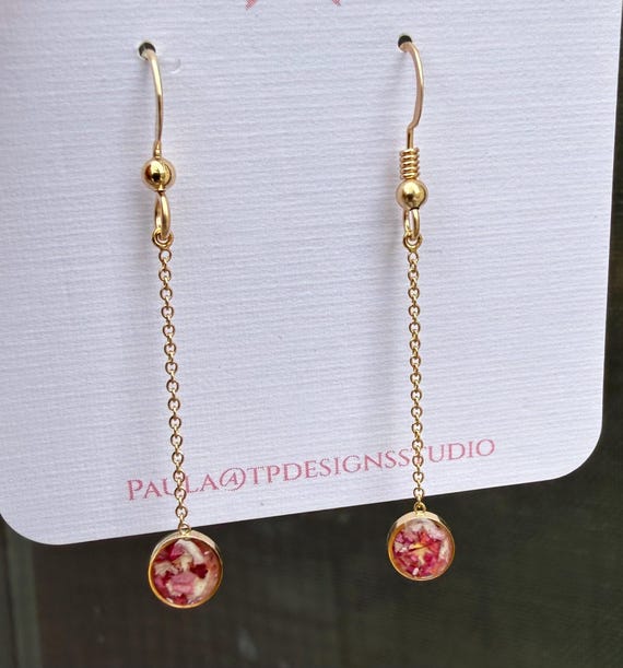 Custom Wedding Drop Earrings 6mm with 1” cable chain, 14k Yellow Gold-filled