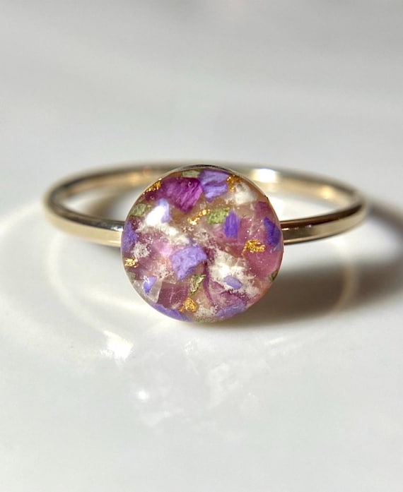 Birthstone Ring Combo: 14k Yellow Gold-filled Dried Flower jewelry, Stackable Ring Set