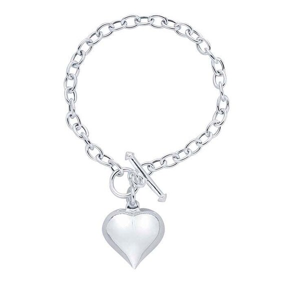 Charm Bracelet, Sterling Silver Jewelry, Sterling Silver 5.2mm Cable Chain Bracelet with Puff Heart Charm