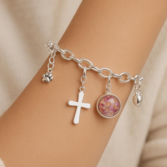 Combo Bracelet: Dried Flower Charm, Paw Print Charm and Cross Charm in a Sterling Silver Bracelet