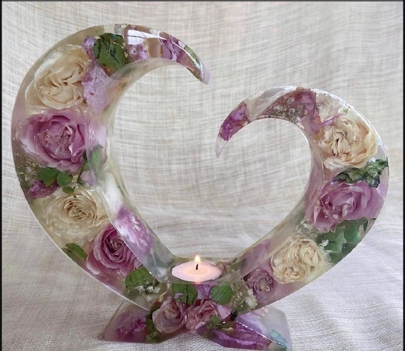 Custom Resin Bouquet Keepsake, Bridal Floral Preservation Heart Candle Holder