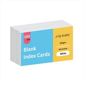 JOLLYKRAFTZ ® 100 Pack Blank Index Cards 3" x 5" - 250 GSM 80 Lbs | Printable Heavyweight White Cardstock,Perfect Blank Notecards,Flashcards