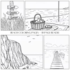 Strand Malseiten Bundle - 10er Set, Entspannende Ozean- und Küstenszenen für Erwachsene, bedruckbare Sommer Line Art, LN-C02