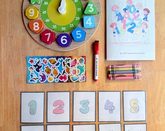 Bolsa de actividades para aprender números y el reloj en preescolar / Kit de juguetes de viaje Montessori