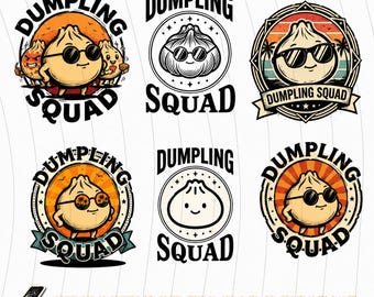 Vintage Dumpling Squad PNG, divertenti clipart di ravioli in brodo, amante del cibo kawaii, cucina asiatica retrò, download digitale (6 design)