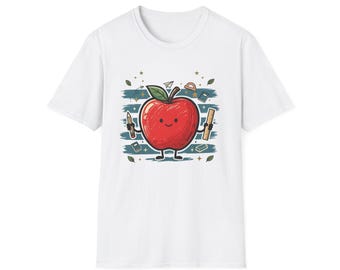 Camiseta moderna con estampado retro de manzana a cuadros y cara de profesor con lápiz, regalo de agradecimiento para profesores, camiseta de vuelta al cole, camiseta con estampado de manzana.