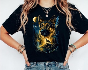 Camiseta vintage retro de los 90 con perro aullando a la luna, camiseta grunge con perro galáctico, estilo urbano Y2K con temática de naturaleza, regalo para amantes de los perros.