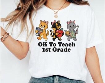 Camiseta "Pronta para Ensinar - Professora do 1º Ano com Estampa de Gato", Camiseta Divertida de Volta às Aulas, Presente para Professora do 1º Ano, Camiseta Estampada para Amantes de Gatos