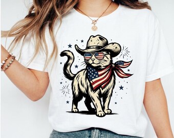 Camiseta patriótica de gato naranja, regalo para amantes de los gatos con la bandera estadounidense, camiseta gráfica de gato jengibre del 4 de julio, EE. UU. 'Merica Cat 4 de julio,