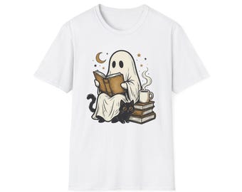 Camiseta divertida de Halloween con diseño de gato fantasma y gato negro espeluznante para amantes del café y la lectura, camiseta de gato fantasma, camiseta de temporada espeluznante, atuendo de otoño, regalo de gato de otoño
