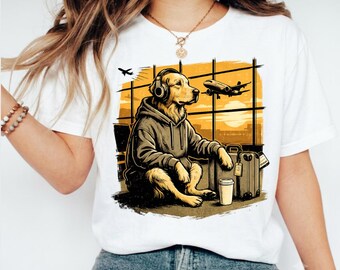 Camiseta com estampa divertida de Golden Retriever viajando no aeroporto e tomando café. Presente ideal para amantes de cães, donos de animais de estimação e pais. Camiseta com estampa de viagem.