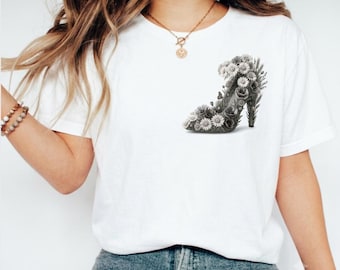 Camiseta con estampado floral de zapatos de tacón alto, camiseta gráfica de flores silvestres, camiseta retro chic, regalo para ella.
