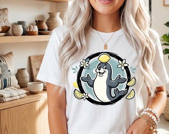 Camiseta divertida com estampa de foca equilibrando limão, estilo circo, presente para amantes de focas, camiseta com estampa fofa de animal, camiseta para amantes de cítricos.