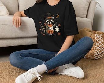 Camiseta de mapache para Halloween, camiseta gráfica de temporada espeluznante, linda camiseta de calabaza fantasma, divertida camiseta de mapache, regalo de disfraz de otoño