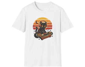 Camiseta divertida de DJ con forma de gato, camiseta retro para amantes de la música, camiseta de música electrónica para festivales rave EDM.