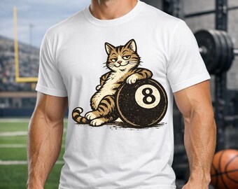 Camiseta divertida de gato con bola 8, regalo para jugador de billar, caricatura sarcástica de animal, sala de billar y regalo de cumpleaños