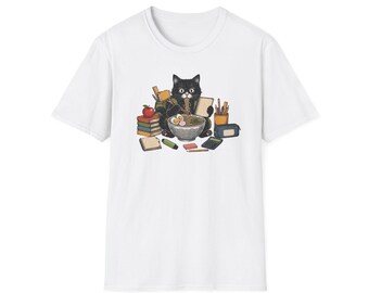 Camiseta unisex con estampado de gato comiendo ramen, camiseta divertida con un gato comiendo ramen, camiseta gráfica para la vuelta al cole para amantes de los gatos, camiseta vintage para estudiantes.