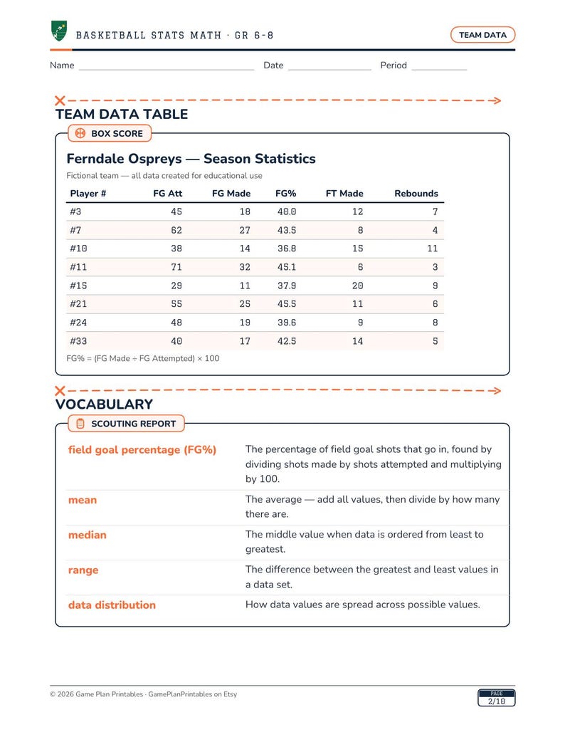 6–8 Basketball Statistics & Data Analysis Math Activity image 4