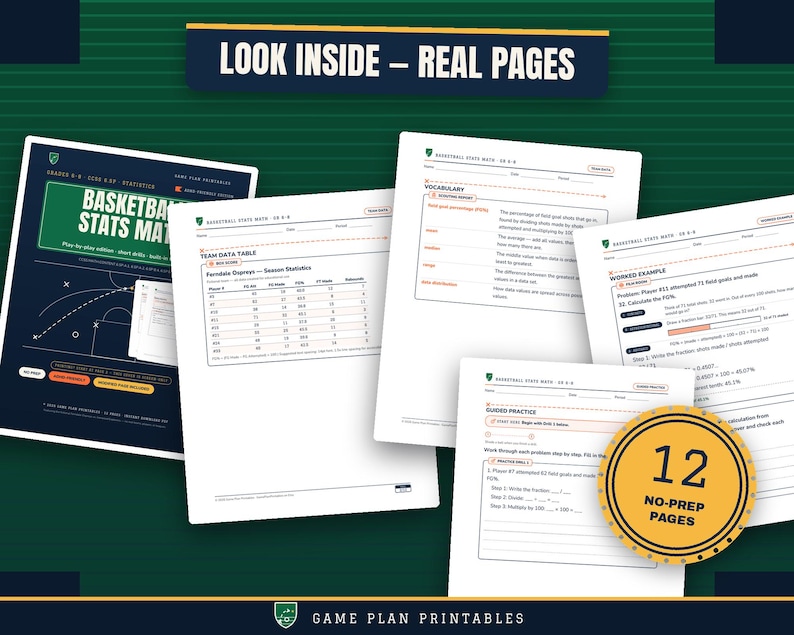 Grade 6–8 Basketball Statistics ADHD-Friendly Math Worksheets | Data Analysis image 1