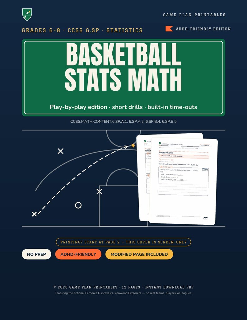 Grade 6–8 Basketball Statistics ADHD-Friendly Math Worksheets | Data Analysis image 3