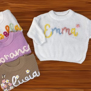 Hand-embroidered Personalized Baby Name Sweater, Custom Knit with Name. Pink option for baby girls, suitable for boys too