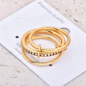 925 sterling silver Three - Ring Linked Ring with Full - Circumference Pave - Set Diamonds: Exquisite Trendy Jewelry for Fashion Enthusiast