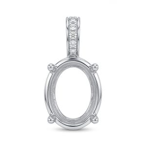May include: A silver-toned oval pendant setting featuring four prongs designed to hold a gemstone. The bail is vertically oriented and embellished with a row of four small, clear, round-cut stones set along its front surface.