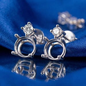 Sterling Silver 7mm Blank Round With CZ Earring Settings: 4-Prong Semi Mount Earring Good For stone Inlay Setting Gift For Her