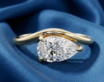 925 sterling silver 8x6mm Pear Cut Zirconia Curved Ring, Solitaire Ring For Wedding Gift, 18K Yellow Gold Plated Anniversary Ring For Her