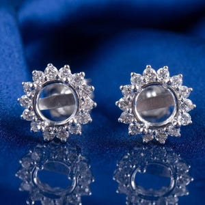 Sterling Silver CZ Halo Stud Earrings: Round Prong Setting, Semi Mount Earrings Setting