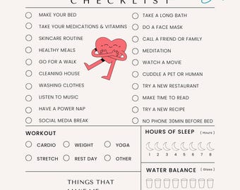 Self Care Checklist Printable| Mental Health Planner | Wellness Checklist | Anxiety ADHD Organization | Digital Download