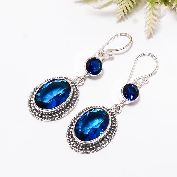Blue Sapphire Drop Earrings: Oxidized Sterling Silver  display picture 1