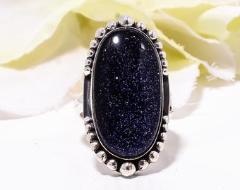 Ring blauwe zonnesteen geoxideerd sterlingzilver: verstelbare edelsteen