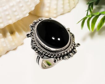 Natural Black Onyx Sterling 925 Silver Ring Handmade Gemstone Gifts For Her