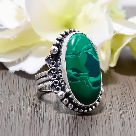 Malachite Sterling Silver Ring: Adjustable Oval Gemstone, Handmade