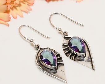 Pendientes de plata de ley con piedra topacio de fuego místico arcoíris, joyería artesanal con piedras preciosas