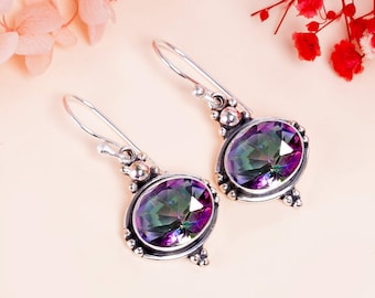 Pendientes de plata de ley con topacio místico arcoíris: joyería de piedras preciosas hecha a mano