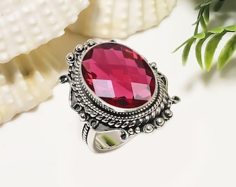 Anillo de turmalina rosa en plata de ley 925, hecho a mano, con piedras preciosas, ideal como regalo.