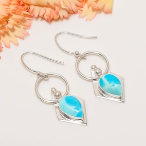Larimar Earring, 925 Sterling Silver Earring, Gemstone Earring, Drop Dangle Earring, Handmade Earring, Oxidise Earring, Gift For Sister