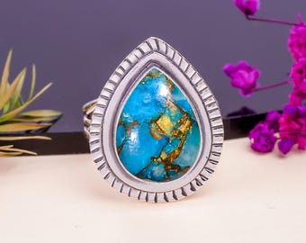 Sterlingzilveren ring koperblauw turkoois: verstelbare geoxideerde edelsteen, cadeau