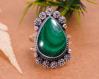 Malachiet Congo-ring: edelsteen peer, geoxideerd sterlingzilver, verstelbaar
