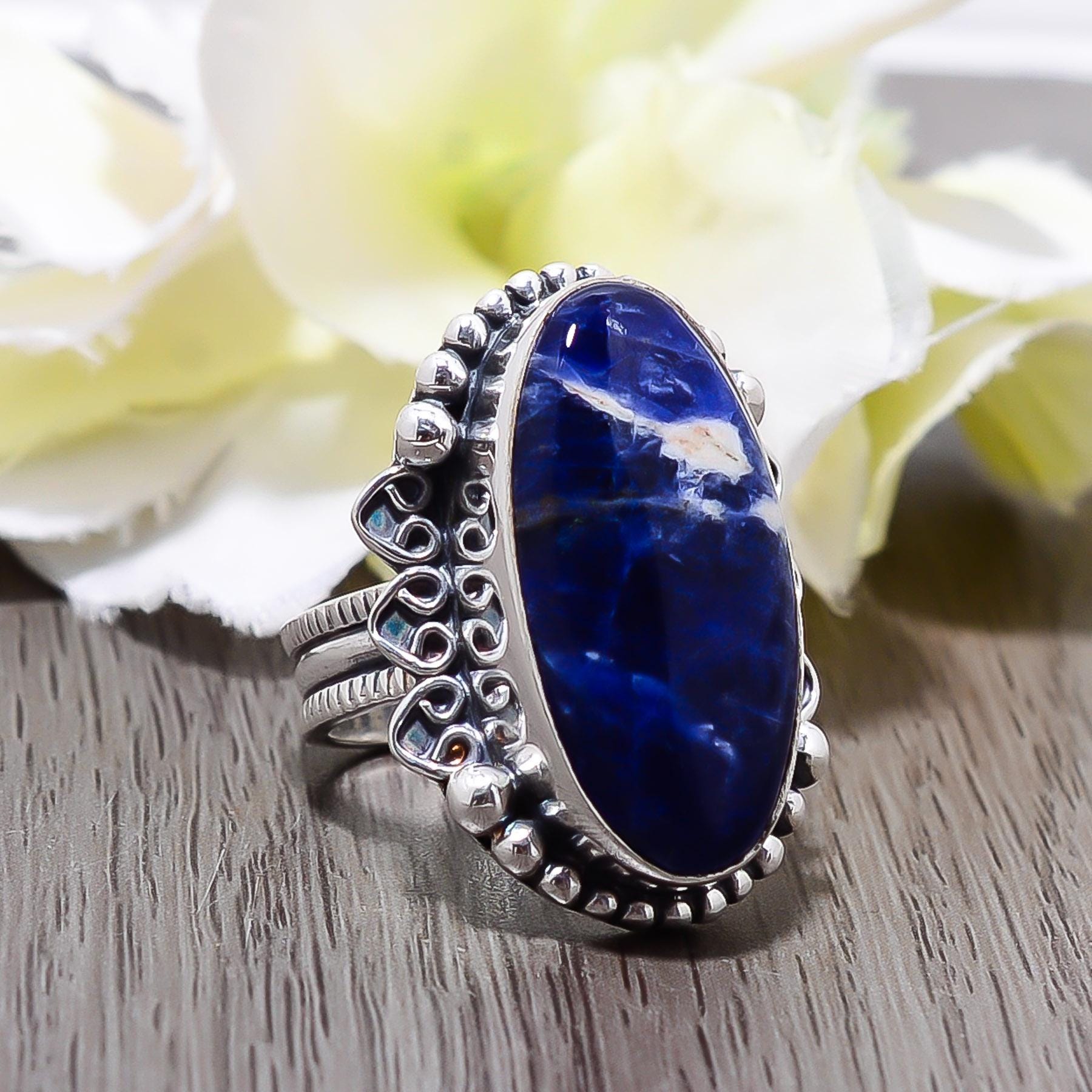 Sterling Silver Sodalite Ring: Adjustable Gemstone, Oxidized