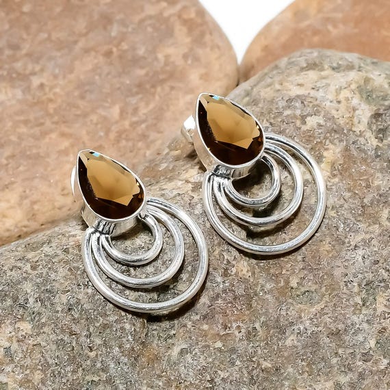 Boucles D'oreilles Argent Sterling 925 Fait Main - Pierre Calcédoine Aqua - Crochet