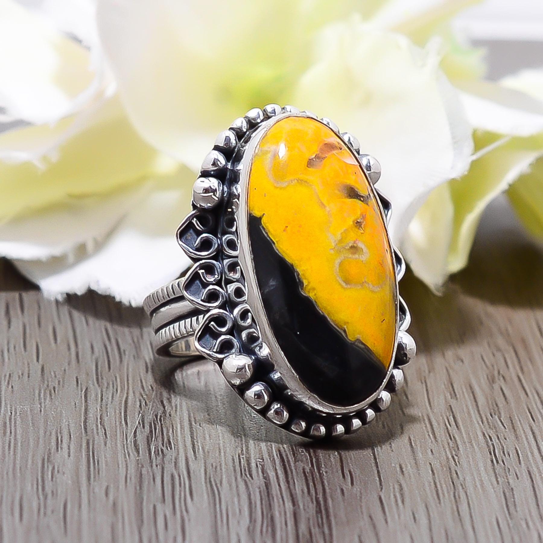 Oxidized Sterling Silver Honey Jasper Ring - Adjustable Gemstone