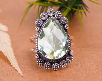 Ring groene amethist: geoxideerd sterlingzilver, verstelbare edelsteen peer