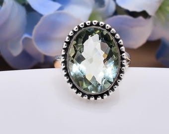 Ring groene amethist: handgemaakt geoxideerd sterlingzilver, verstelbaar