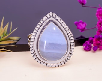 Ring blauwe kanten agaat: 925 sterlingzilver, handgemaakte edelsteen verjaardagscadeaus