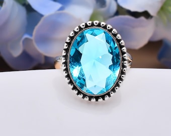 Ring blauwe topaas: handgemaakt geoxideerd sterlingzilver, verstelbare edelsteen